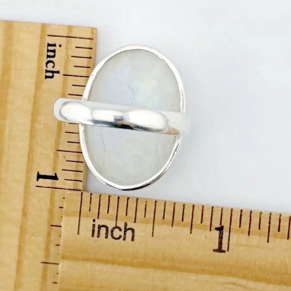 Pure Sterling Silver 925 Rainbow Moonstone Ring Size 9 Oval Boho Southwest New